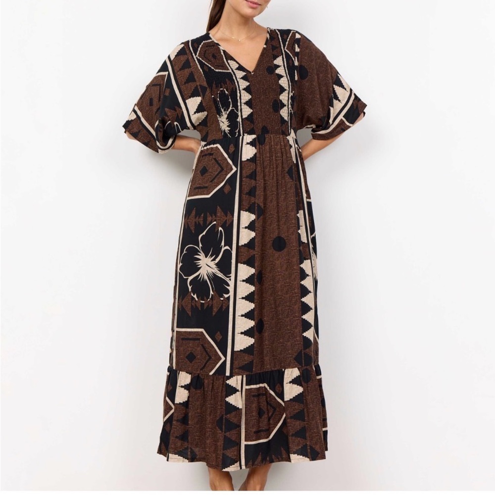 Soyaconcept Geometric Patterned Brown & Black Dress NEW Medium 
Chic Flowy